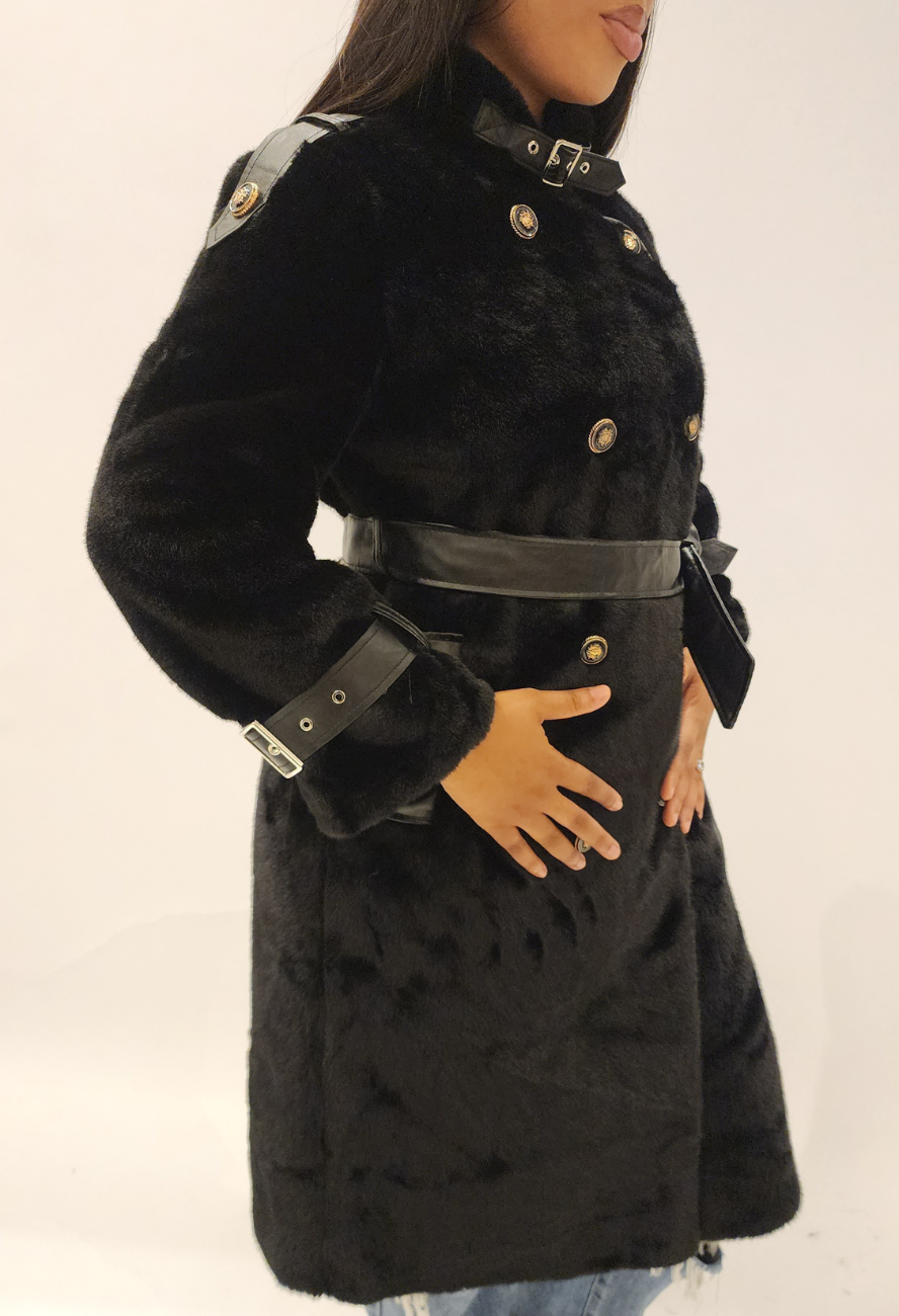 Black Police Fur Trench Jacket