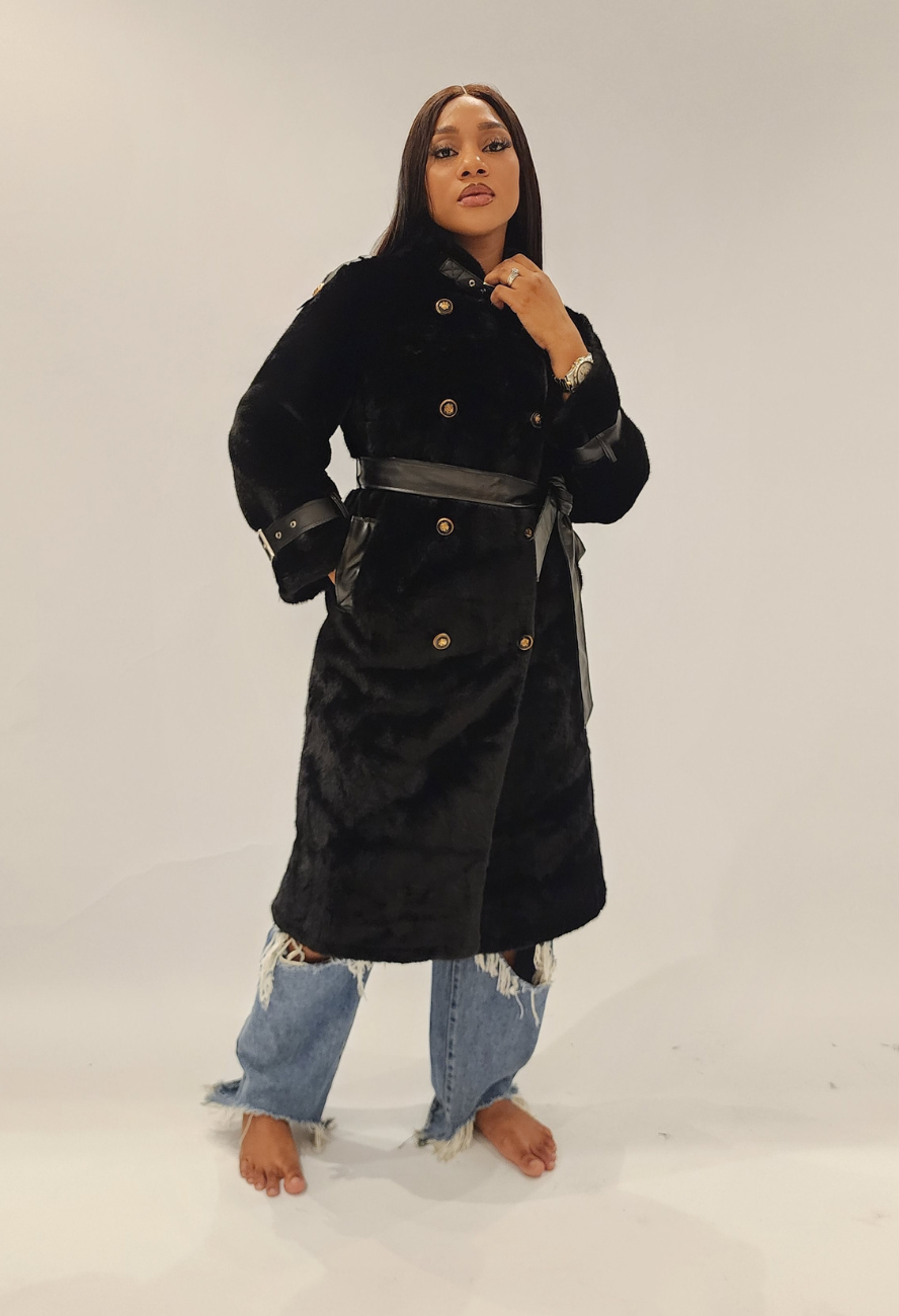 Black Police Fur Trench Jacket
