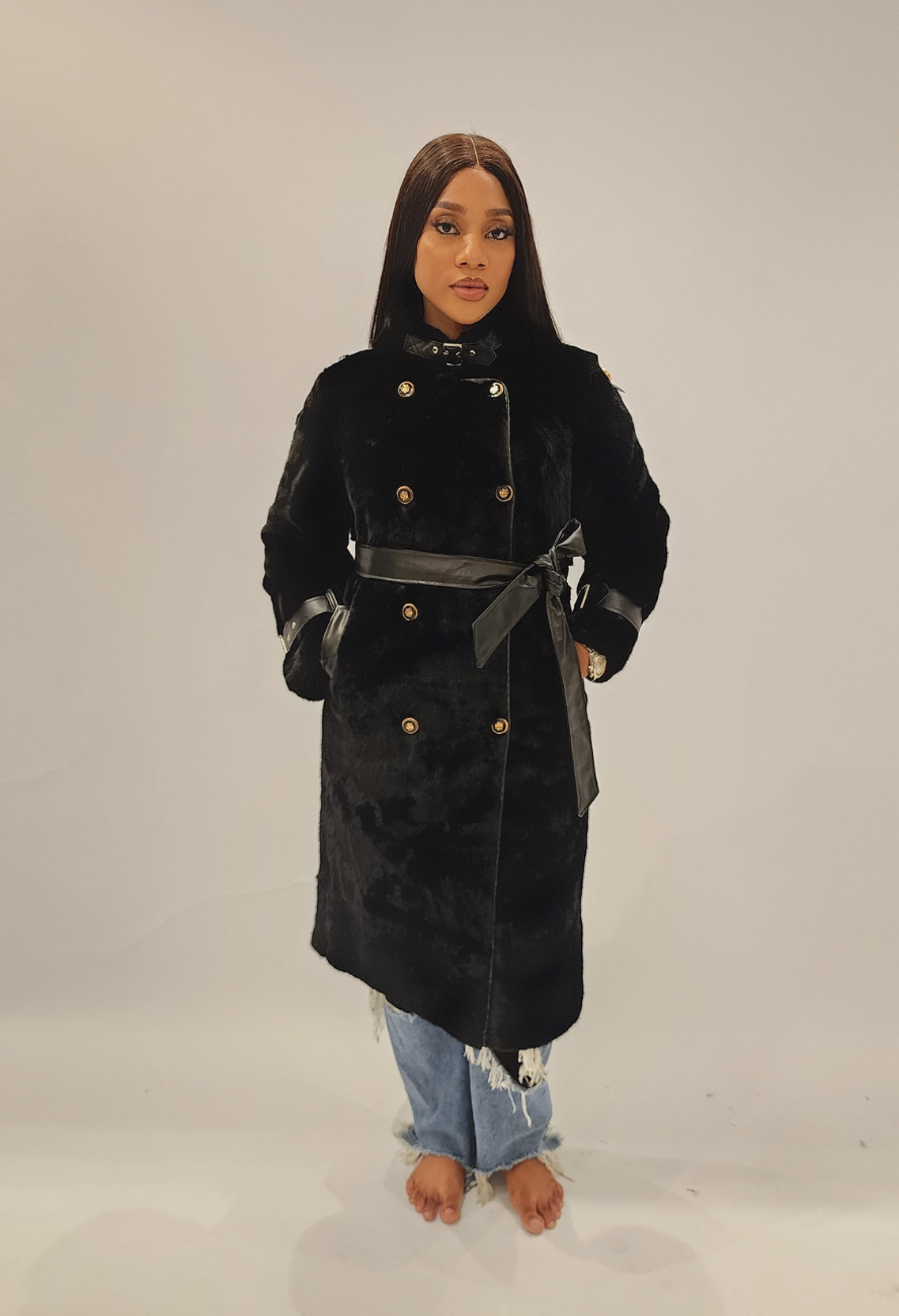 Black Police Fur Trench Jacket