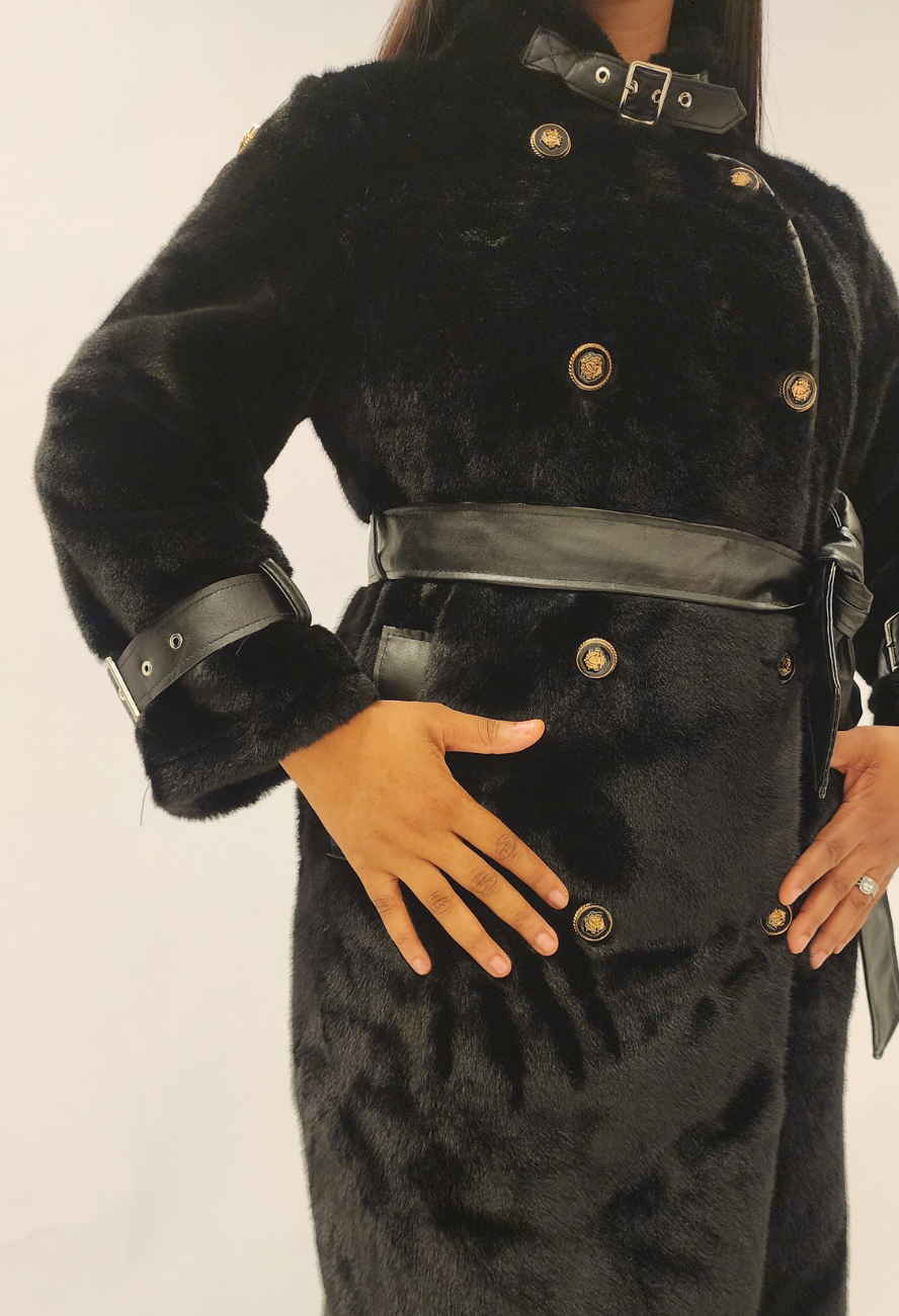 Black Police Fur Trench Jacket