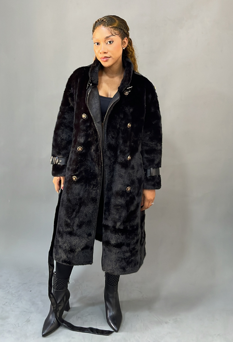 Black Police Fur Trench Jacket