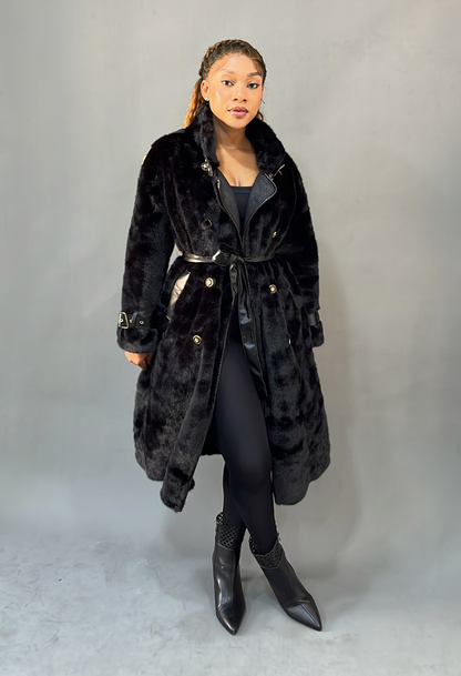 Black Police Fur Trench Jacket