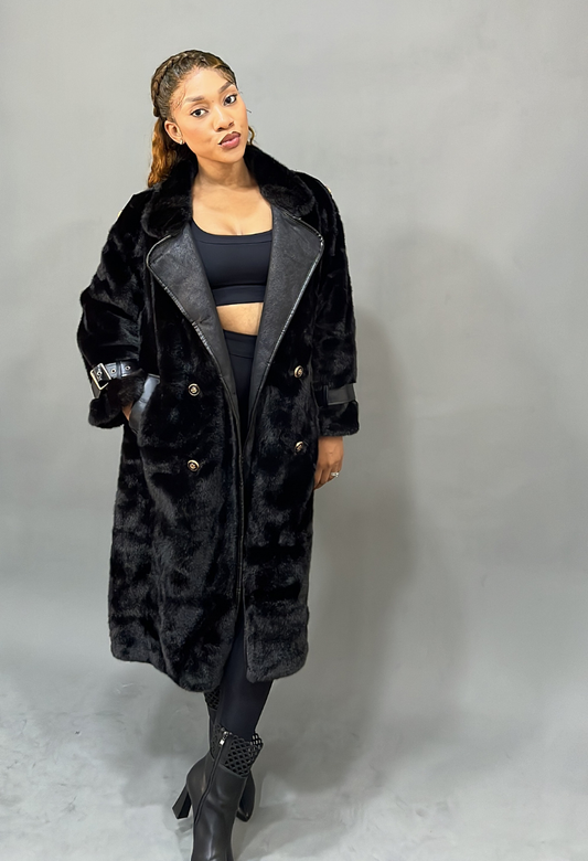 Black Police Fur Trench Jacket
